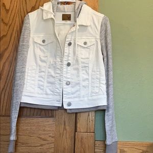 Gray hoodie with a jean jacket attached.